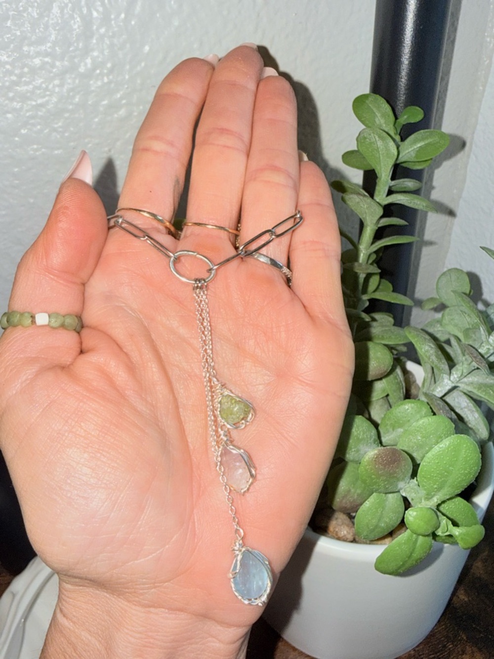 Silver paperclip Multi-Gem Drop Necklace with Pink, Green, and blue Stones - Picture 3 of 4